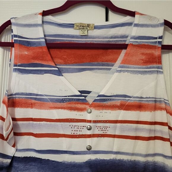One World Live and Let Live sleeveless red, white, blue striped tee - Picture 2 of 5